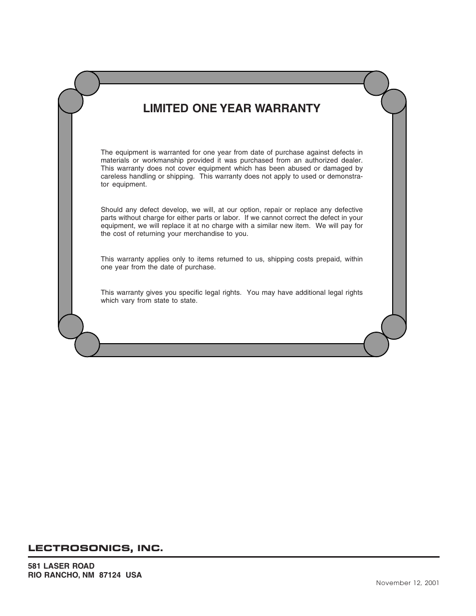 Limited one year warranty | Lectrosonics UH200 User Manual | Page 10 / 10