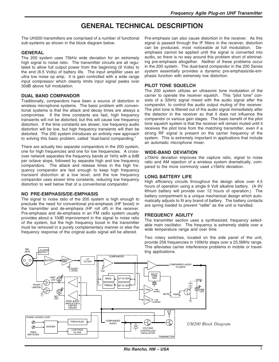 General technical description, Frequency agile plug-on uhf transmitter, General | Dual band compandor, No pre-emphasis/de-emphasis, Pilot tone squelch, Wide-band deviation, Long battery life, Frequency agility, Uh200 block diagram | Lectrosonics UH200 User Manual | Page 3 / 10