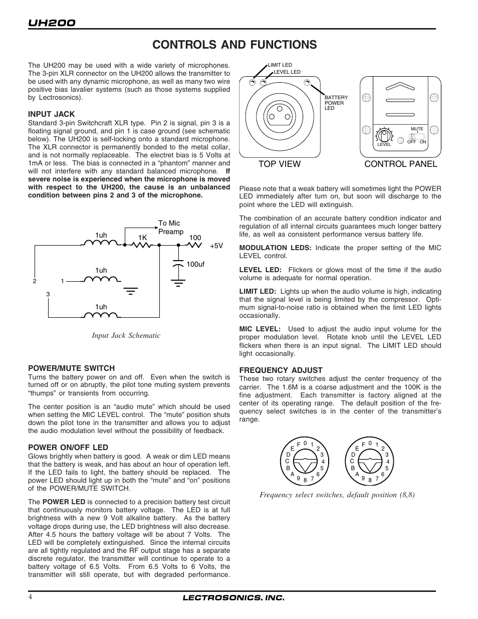 Controls and functions, Top view control panel | Lectrosonics UH200 User Manual | Page 4 / 10