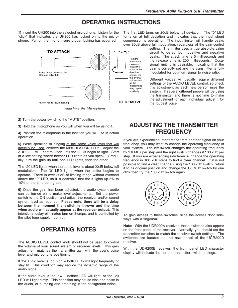Operating instructions, Adjusting the transmitter frequency | Lectrosonics UH200 User Manual | Page 5 / 10