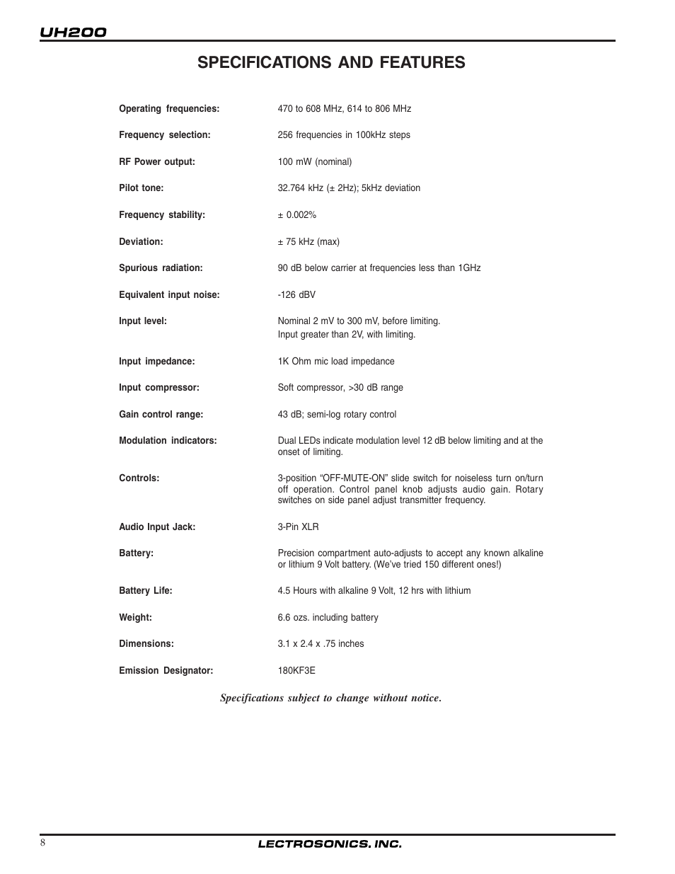 Specifications and features | Lectrosonics UH200 User Manual | Page 8 / 10