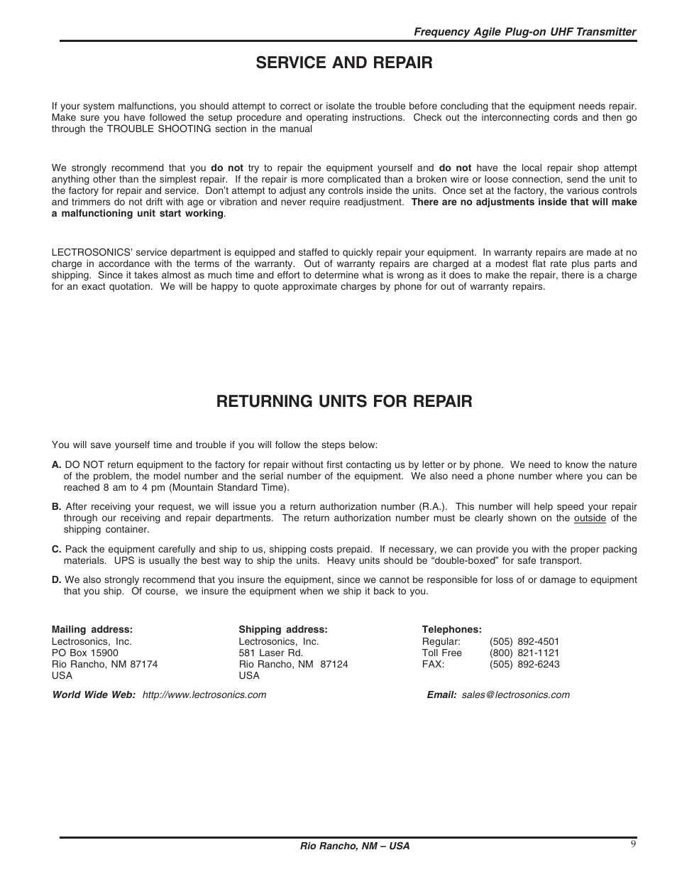 Service and repair, Returning units for repair | Lectrosonics UH200 User Manual | Page 9 / 10