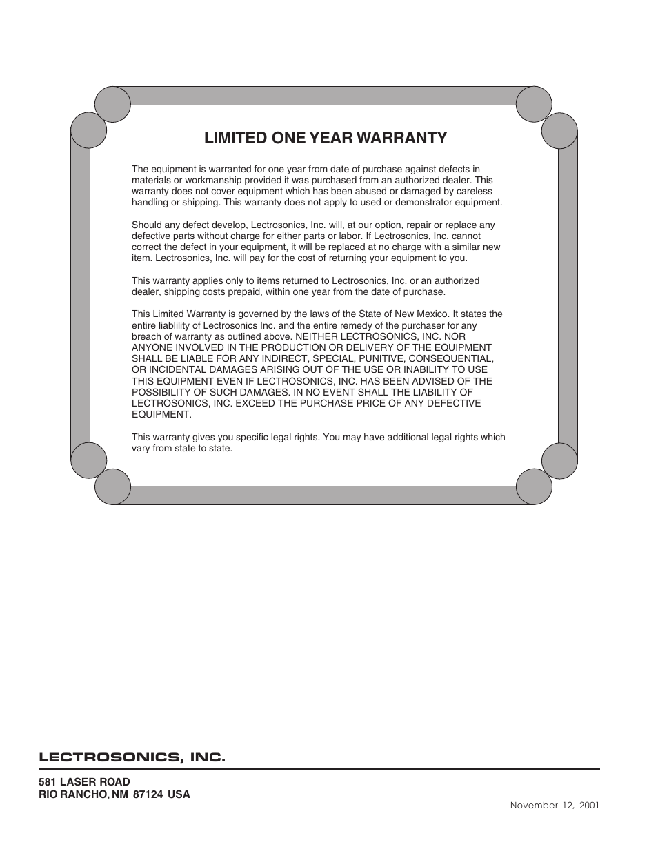 Limited one year warranty | Lectrosonics UH200c User Manual | Page 10 / 10