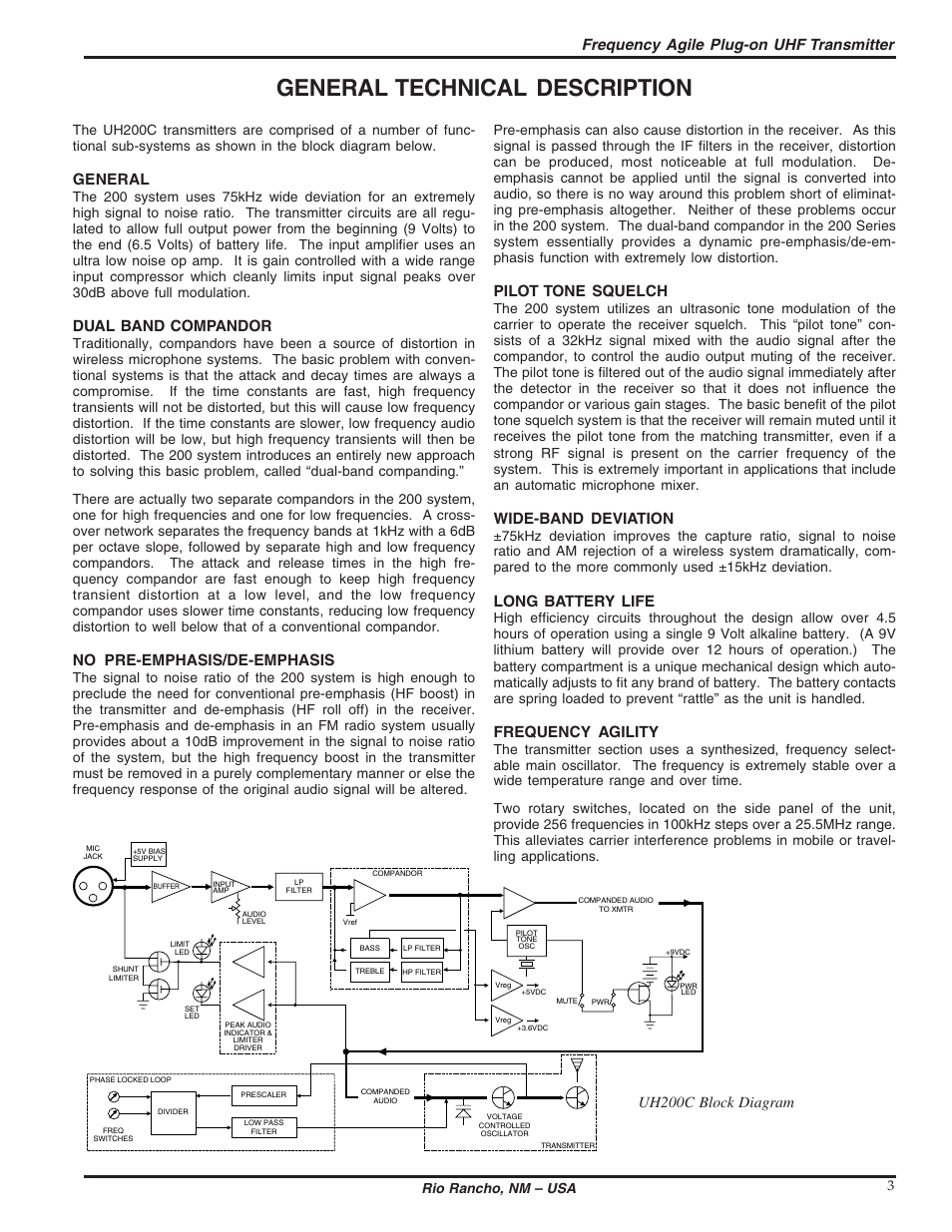 General technical description, Frequency agile plug-on uhf transmitter, General | Dual band compandor, No pre-emphasis/de-emphasis, Pilot tone squelch, Wide-band deviation, Long battery life, Frequency agility, Uh200c block diagram | Lectrosonics UH200c User Manual | Page 3 / 10