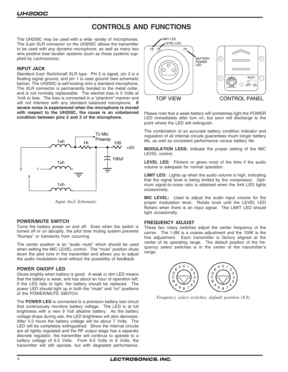 Controls and functions, Top view control panel | Lectrosonics UH200c User Manual | Page 4 / 10