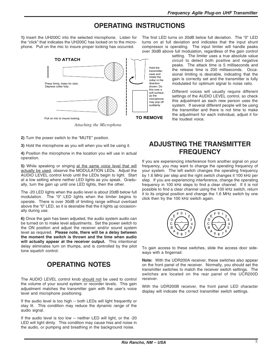 Operating instructions, Adjusting the transmitter frequency | Lectrosonics UH200c User Manual | Page 5 / 10