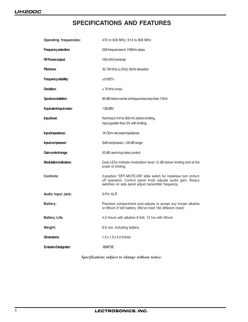 Specifications and features | Lectrosonics UH200c User Manual | Page 8 / 10