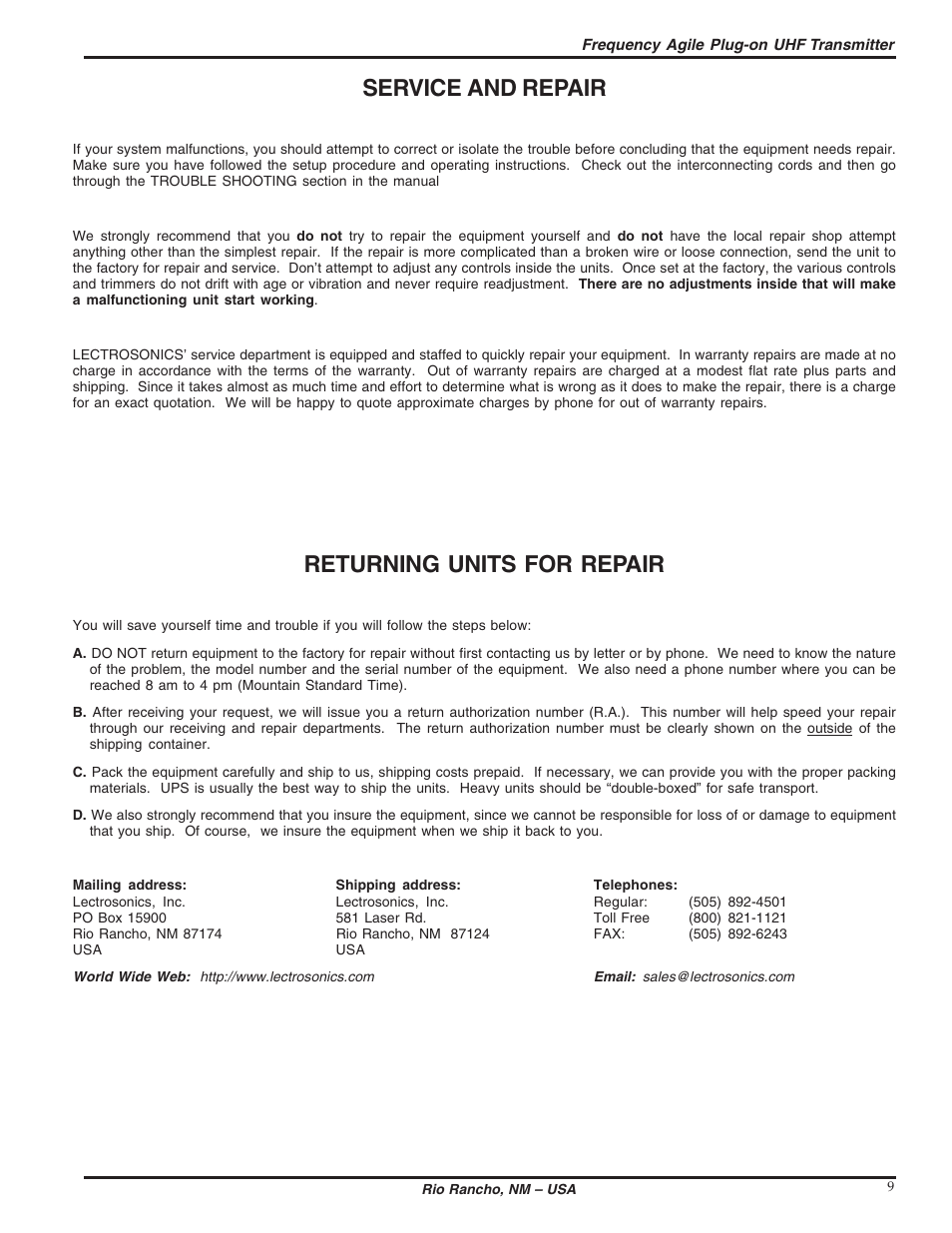 Service and repair, Returning units for repair | Lectrosonics UH200c User Manual | Page 9 / 10