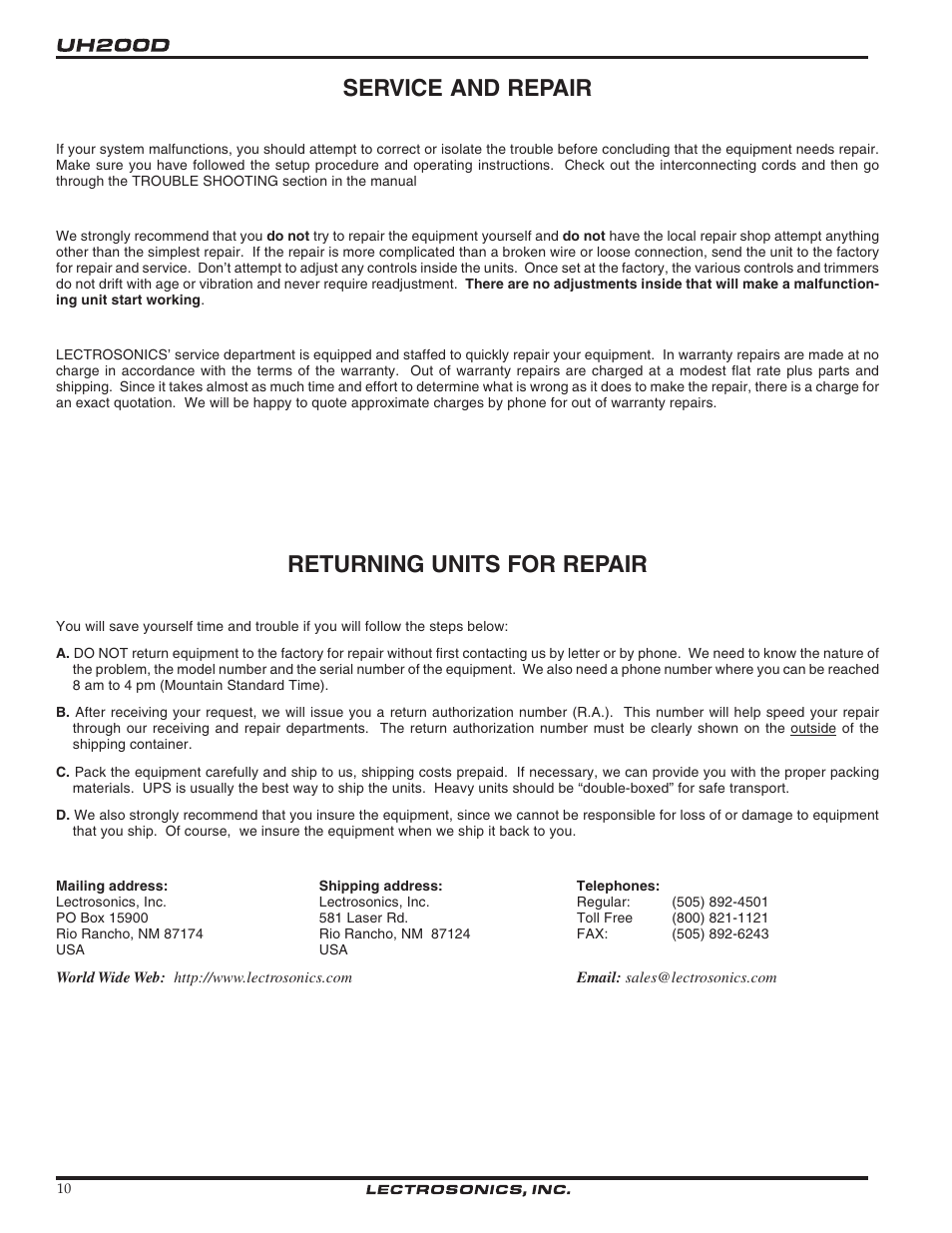 Service and repair, Returning units for repair | Lectrosonics UH200d User Manual | Page 10 / 12