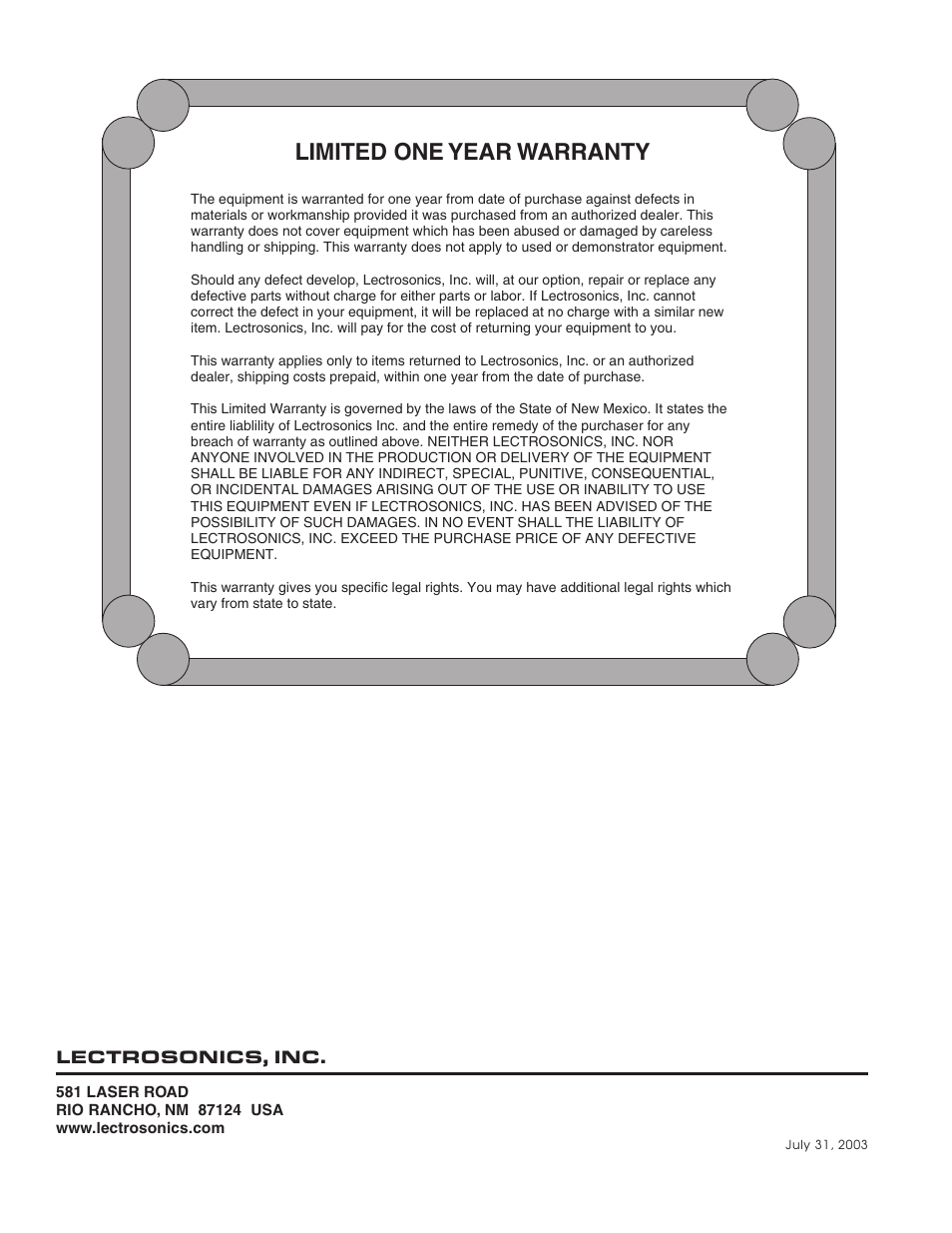 Limited one year warranty | Lectrosonics UH200d User Manual | Page 12 / 12