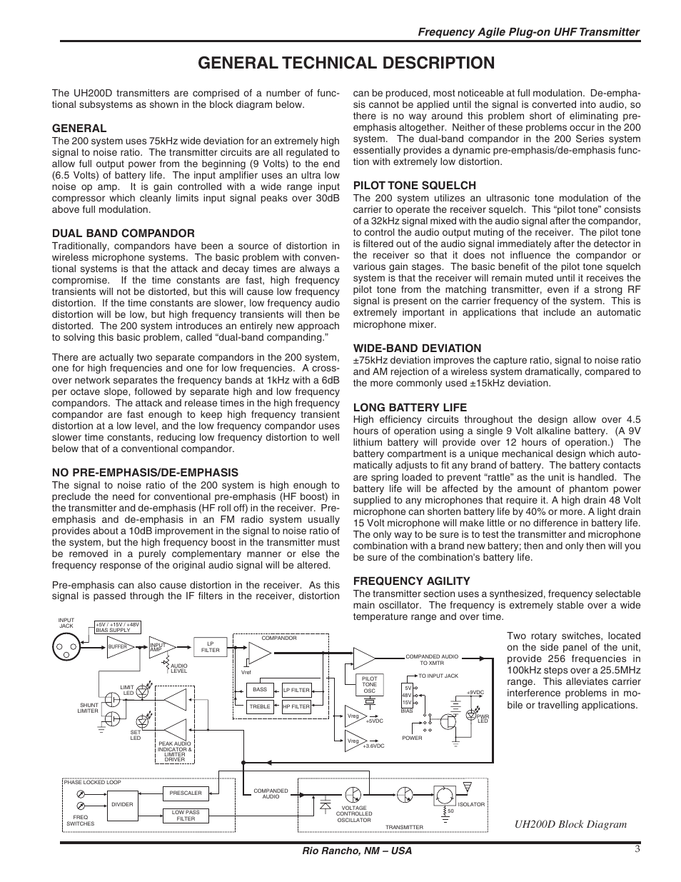 General technical description, Frequency agile plug-on uhf transmitter, General | Dual band compandor, No pre-emphasis/de-emphasis, Pilot tone squelch, Wide-band deviation, Long battery life, Frequency agility, Uh200d block diagram | Lectrosonics UH200d User Manual | Page 3 / 12