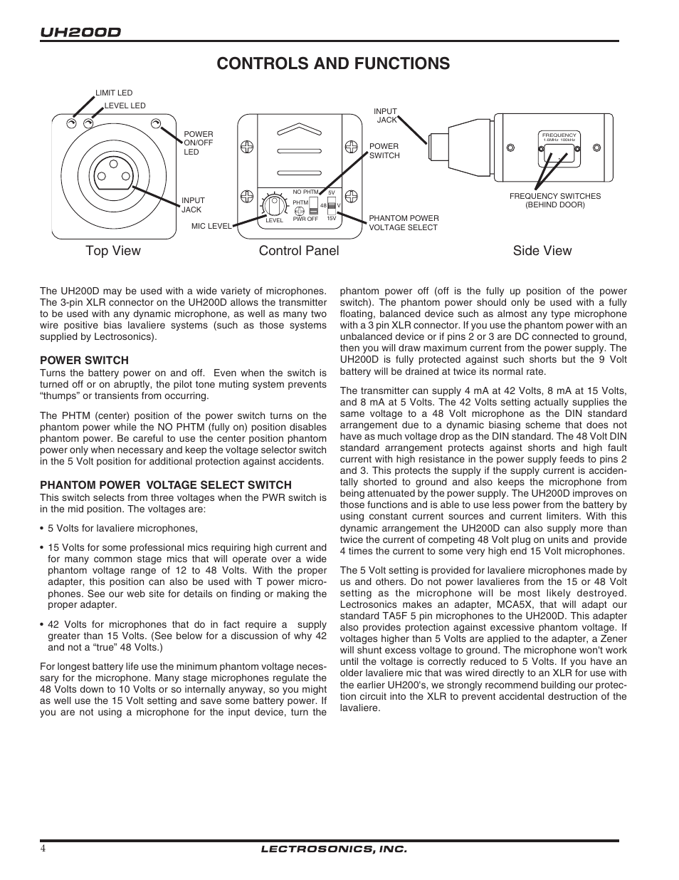 Controls and functions, Top view control panel, Side view | Lectrosonics UH200d User Manual | Page 4 / 12