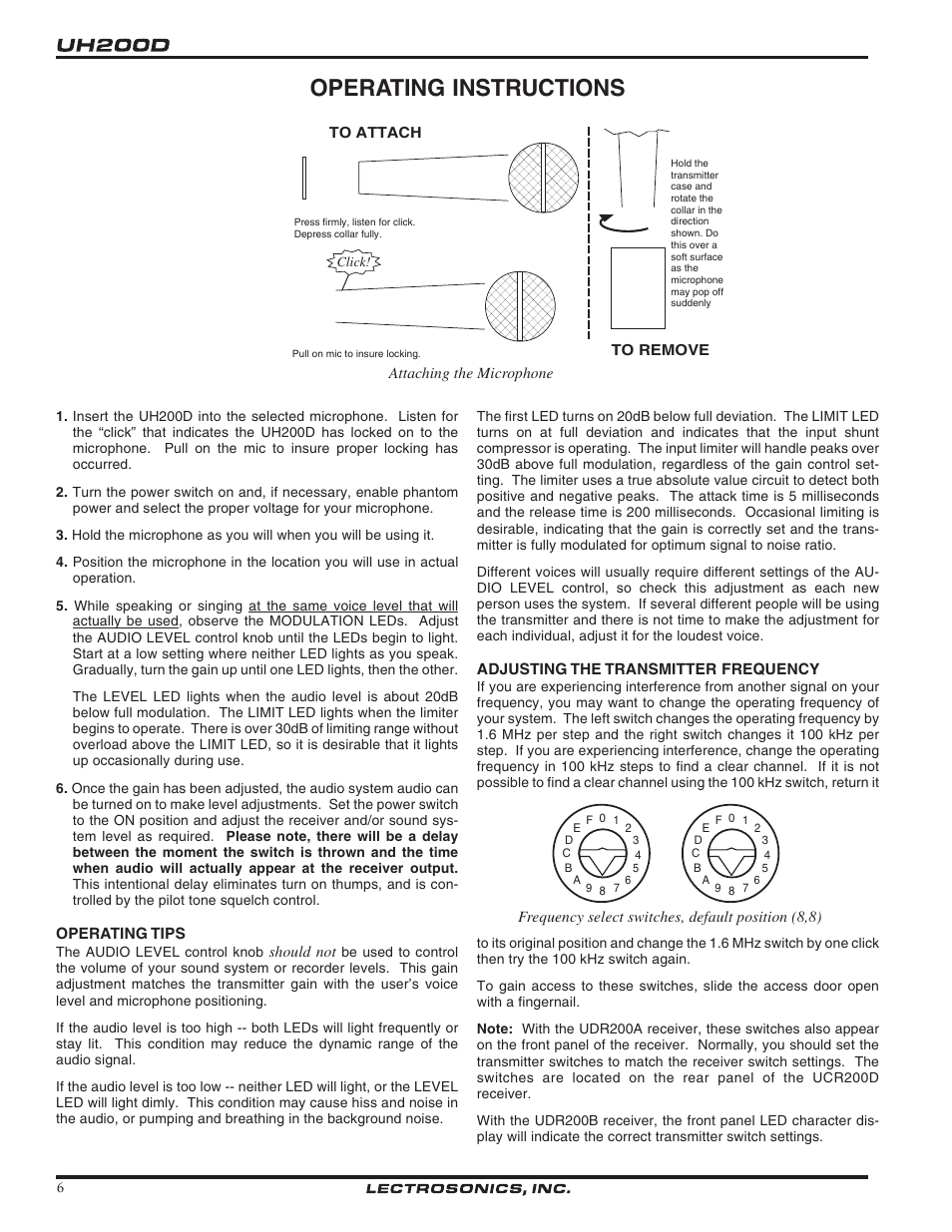 Operating instructions | Lectrosonics UH200d User Manual | Page 6 / 12