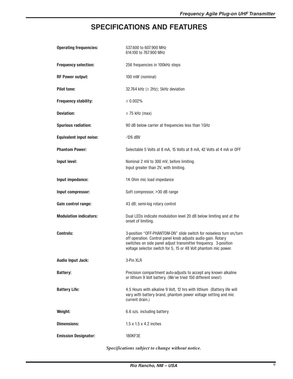 Specifications and features | Lectrosonics UH200d User Manual | Page 9 / 12