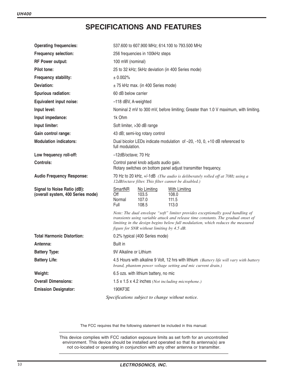 Specifications and features | Lectrosonics UH400 User Manual | Page 10 / 12