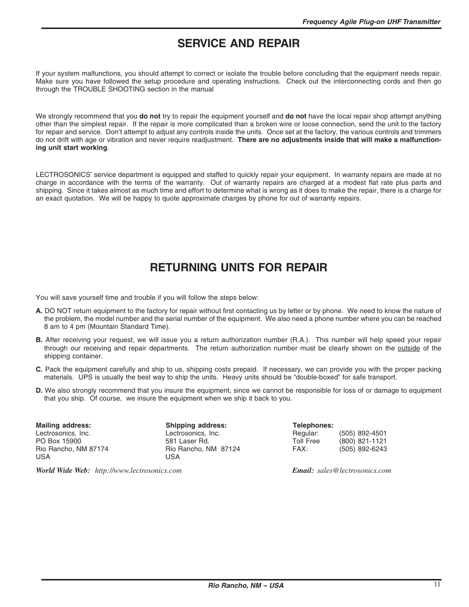 Service and repair, Returning units for repair | Lectrosonics UH400 User Manual | Page 11 / 12