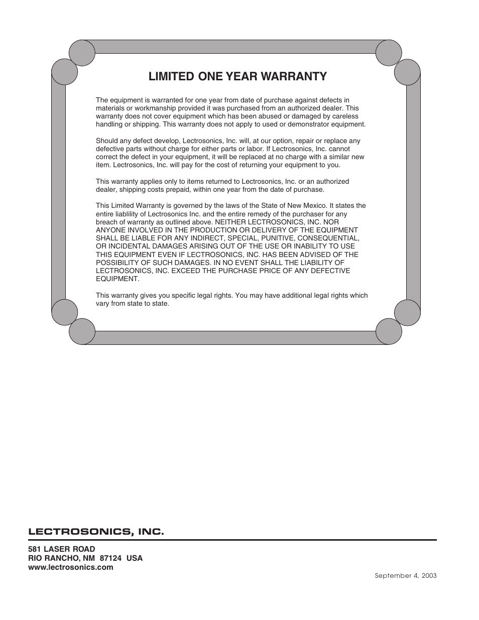 Limited one year warranty | Lectrosonics UH400 User Manual | Page 12 / 12