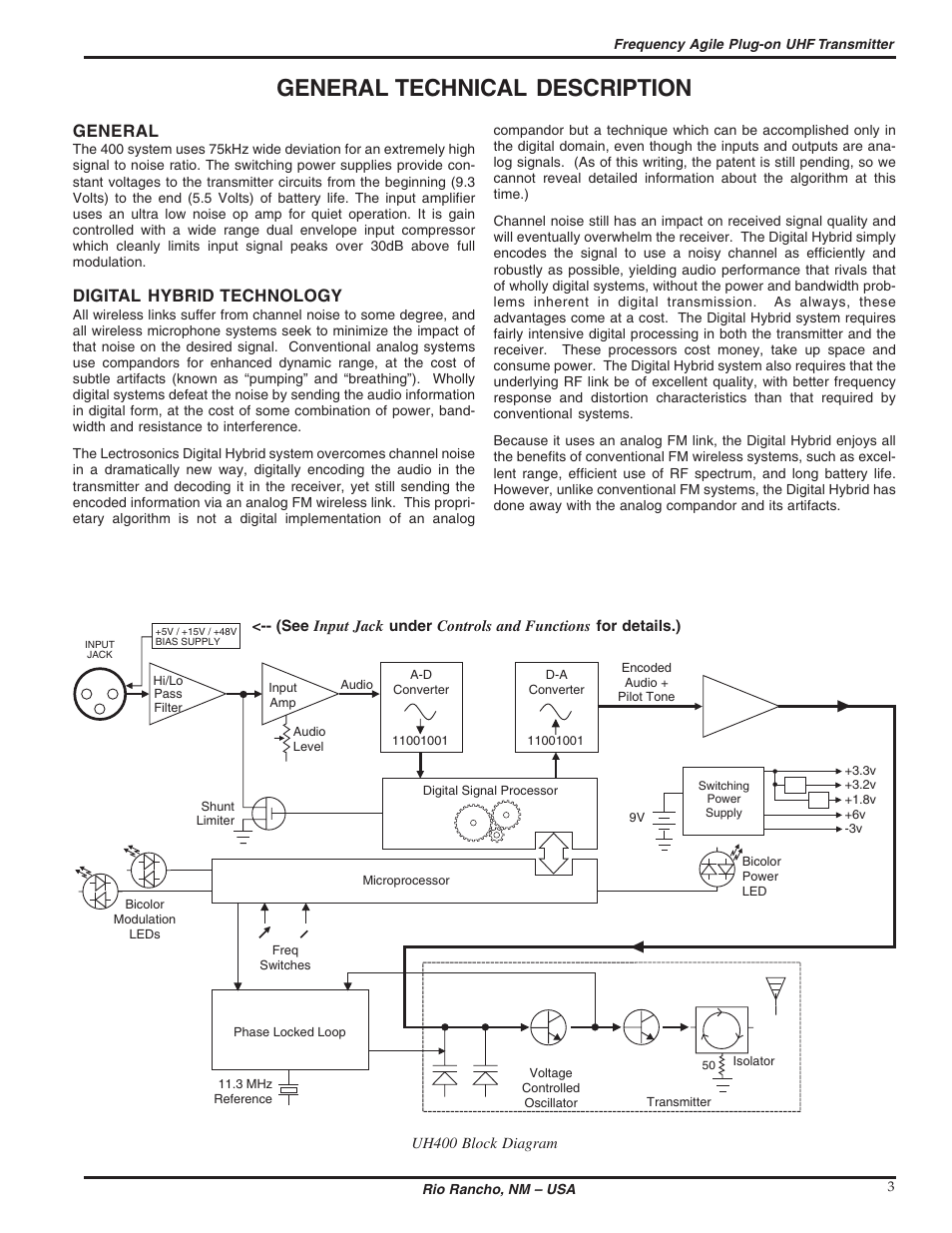 General technical description, General, Digital hybrid technology | Lectrosonics UH400 User Manual | Page 3 / 12