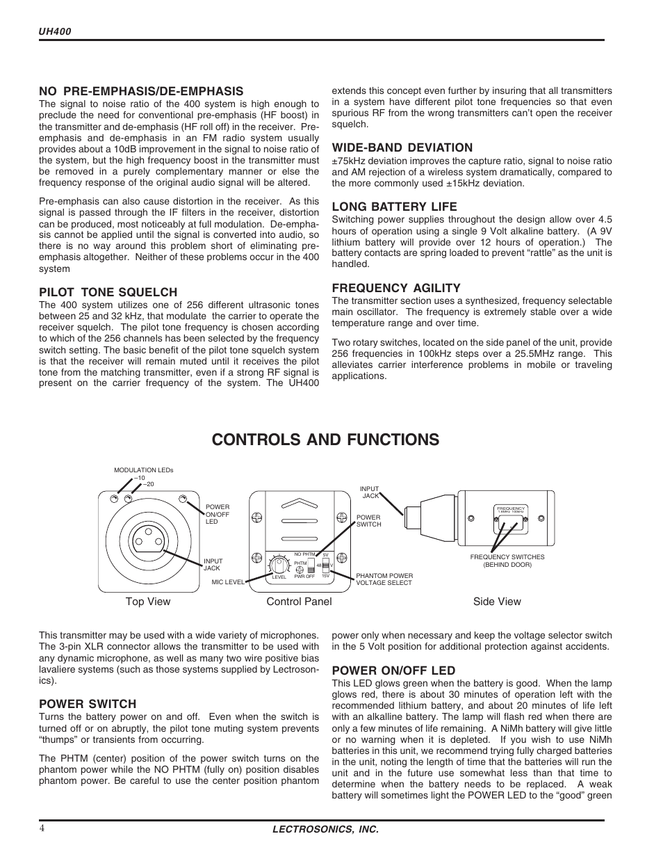 Controls and functions, No pre-emphasis/de-emphasis, Pilot tone squelch | Wide-band deviation, Long battery life, Frequency agility, Power switch, Power on/off led | Lectrosonics UH400 User Manual | Page 4 / 12