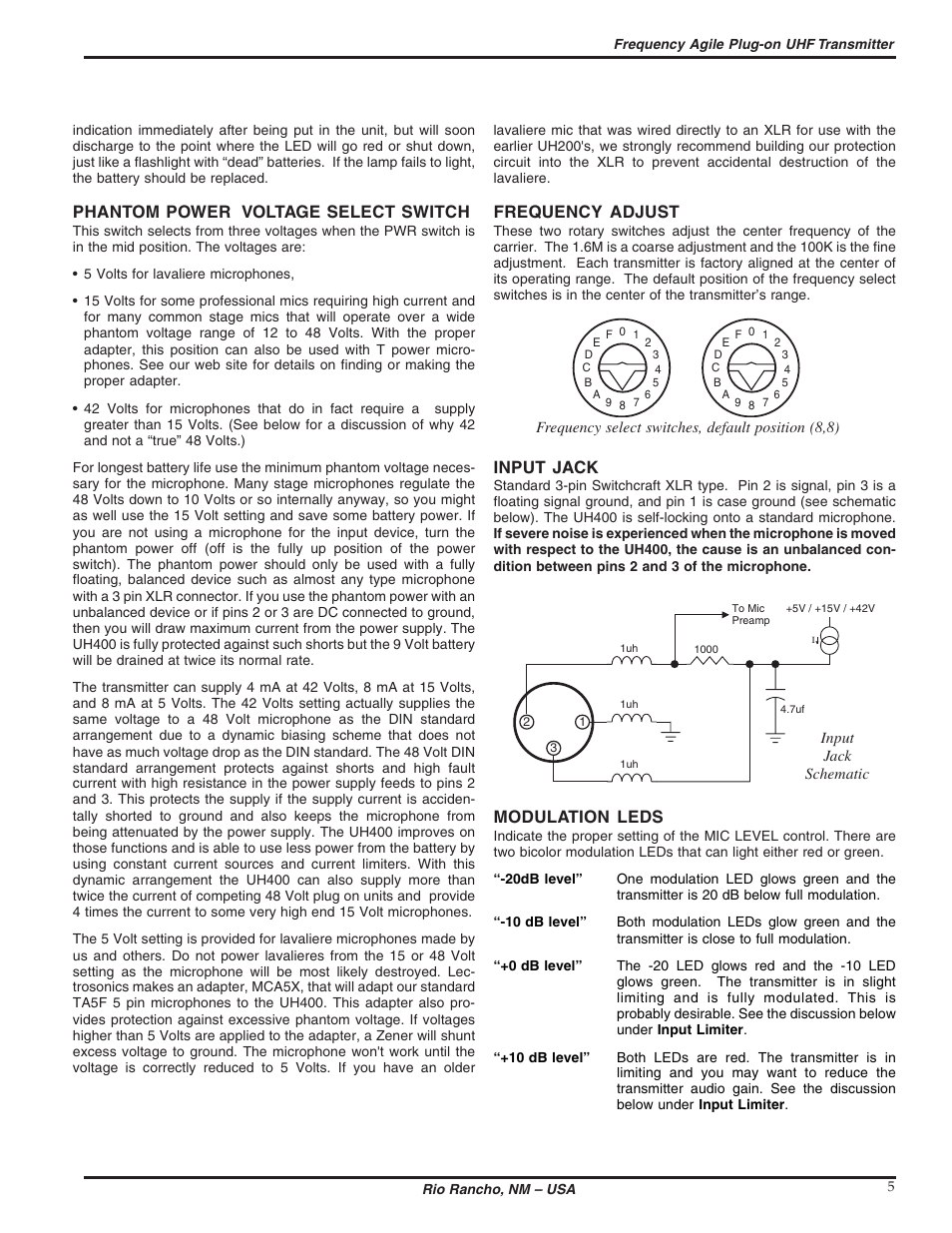 Phantom power voltage select switch, Frequency adjust, Input jack | Modulation leds | Lectrosonics UH400 User Manual | Page 5 / 12