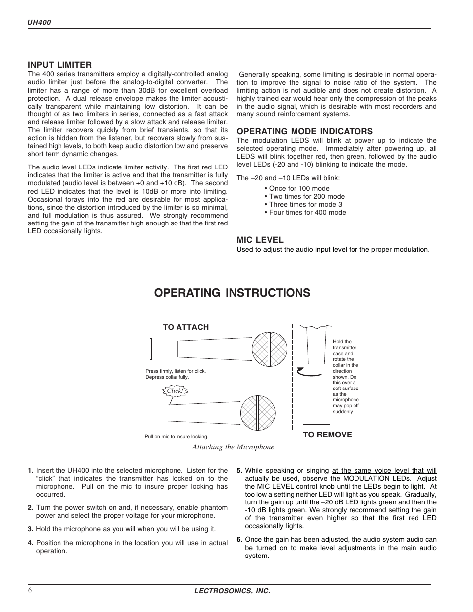Operating instructions | Lectrosonics UH400 User Manual | Page 6 / 12