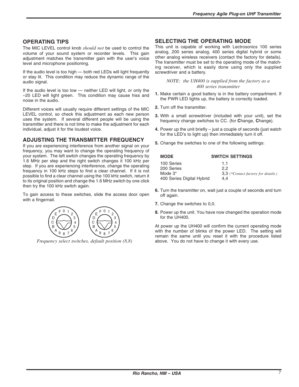 Operating tips, Adjusting the transmitter frequency, Selecting the operating mode | Lectrosonics UH400 User Manual | Page 7 / 12