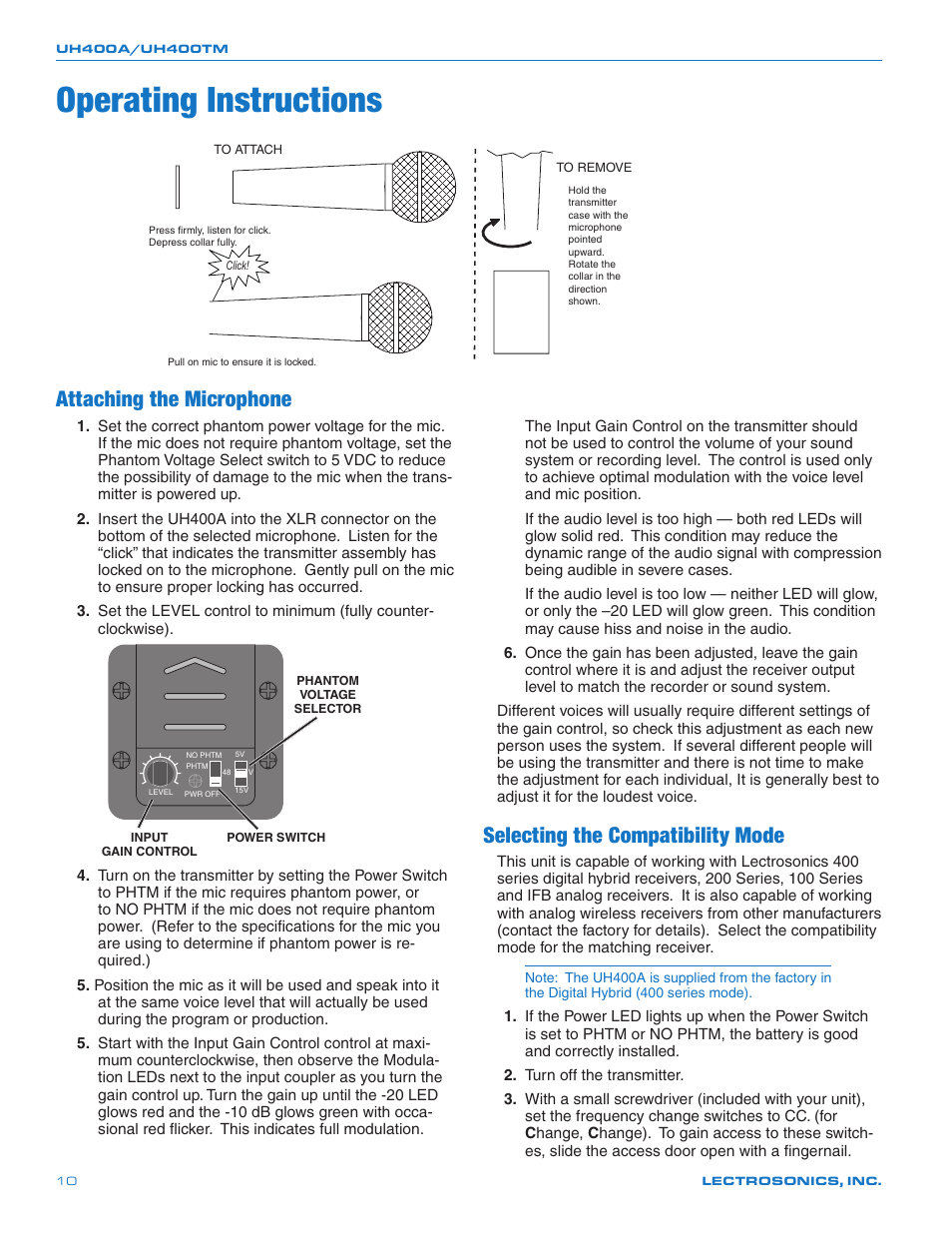 Operating instructions, Attaching the microphone, Selecting the compatibility mode | Lectrosonics UH400a User Manual | Page 10 / 16