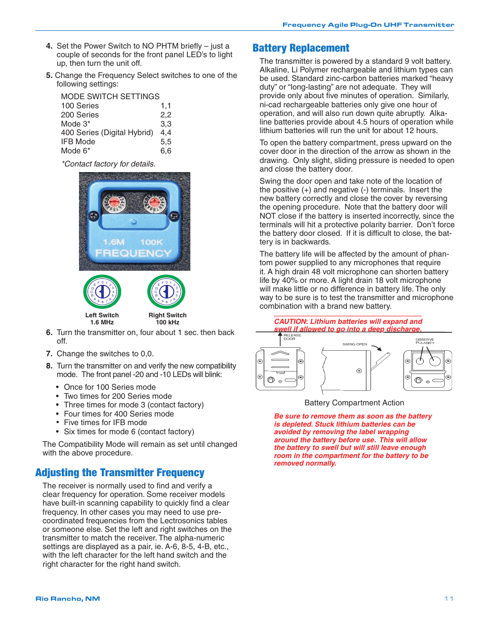 Adjusting the transmitter frequency, Battery replacement | Lectrosonics UH400a User Manual | Page 11 / 16