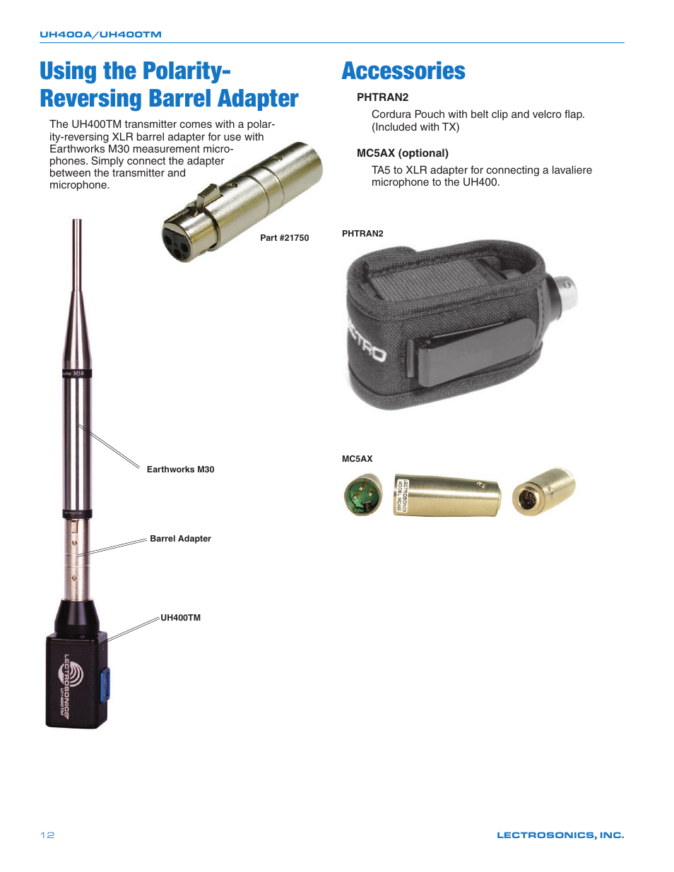 Using the polarity- reversing barrel adapter, Accessories | Lectrosonics UH400a User Manual | Page 12 / 16