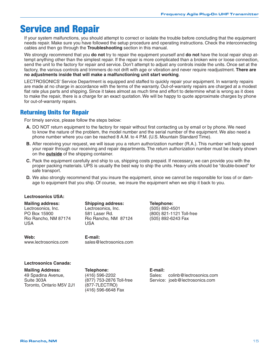 Service and repair, Returning units for repair | Lectrosonics UH400a User Manual | Page 15 / 16