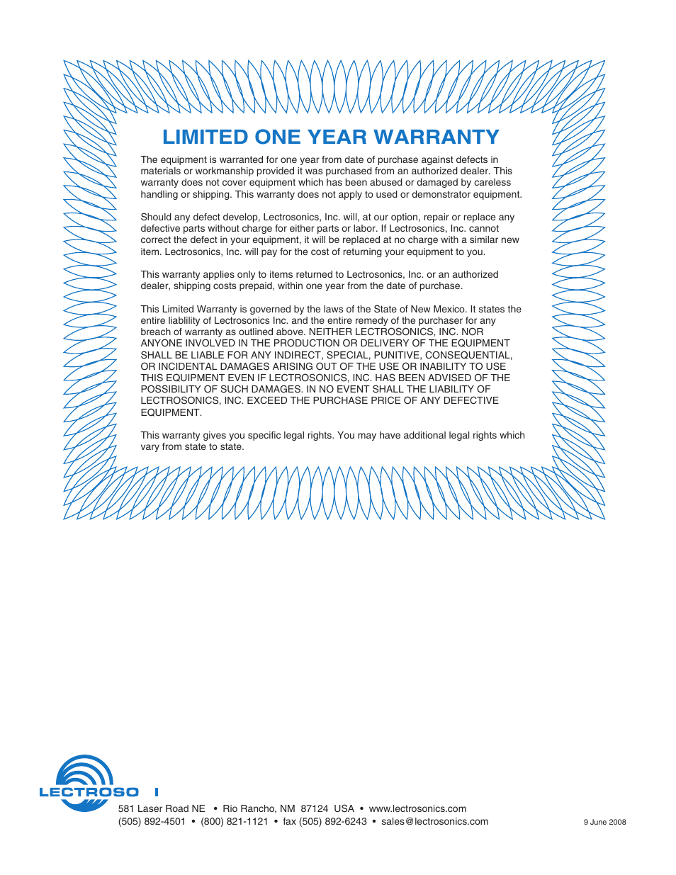 Limited one year warranty | Lectrosonics UH400a User Manual | Page 16 / 16