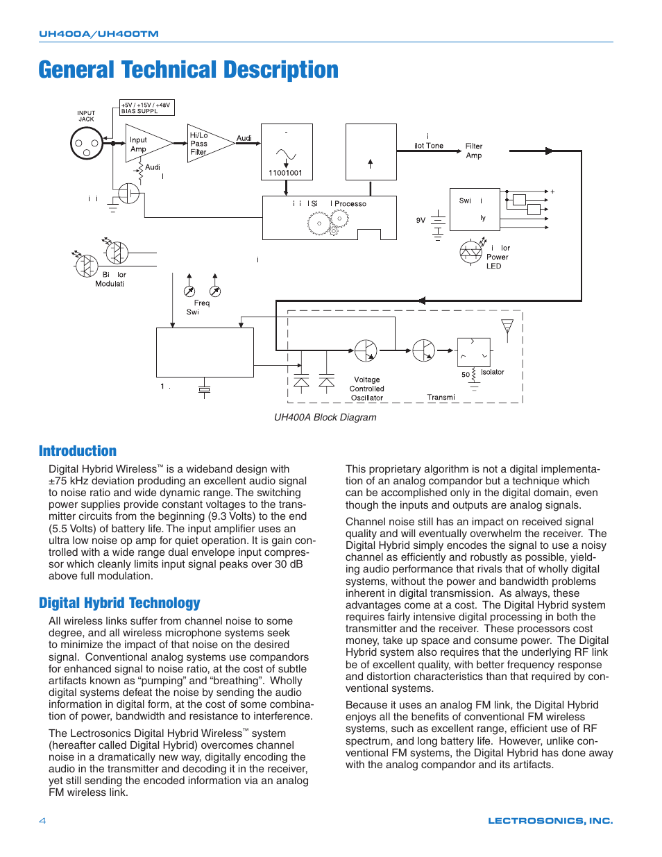 General technical description, Introduction, Digital hybrid technology | Lectrosonics UH400a User Manual | Page 4 / 16