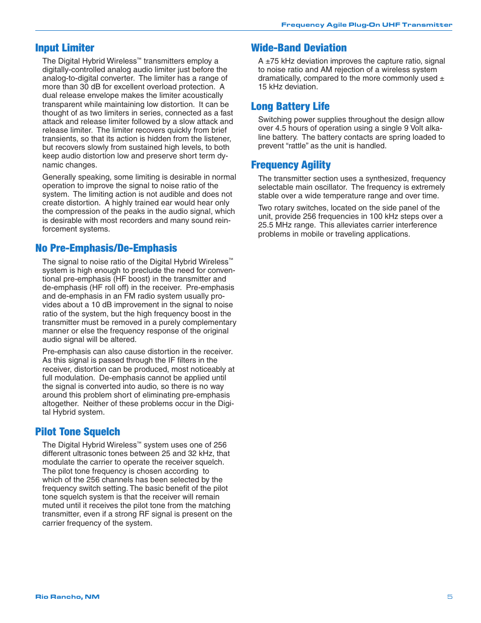 Input limiter, No pre-emphasis/de-emphasis, Pilot tone squelch | Long battery life, Frequency agility, Wide-band deviation | Lectrosonics UH400a User Manual | Page 5 / 16