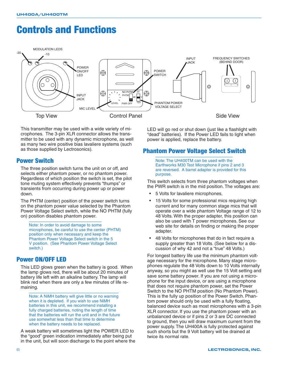 Controls and functions, Power switch, Power on/off led | Phantom power voltage select switch, Top view control panel, Side view | Lectrosonics UH400a User Manual | Page 6 / 16