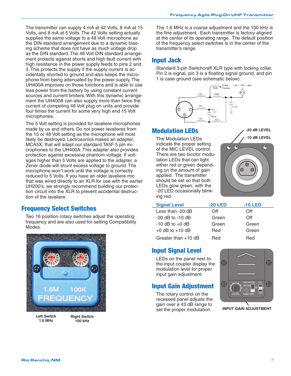 Frequency select switches, Input jack, Modulation leds | Input signal level, Input gain adjustment | Lectrosonics UH400a User Manual | Page 7 / 16