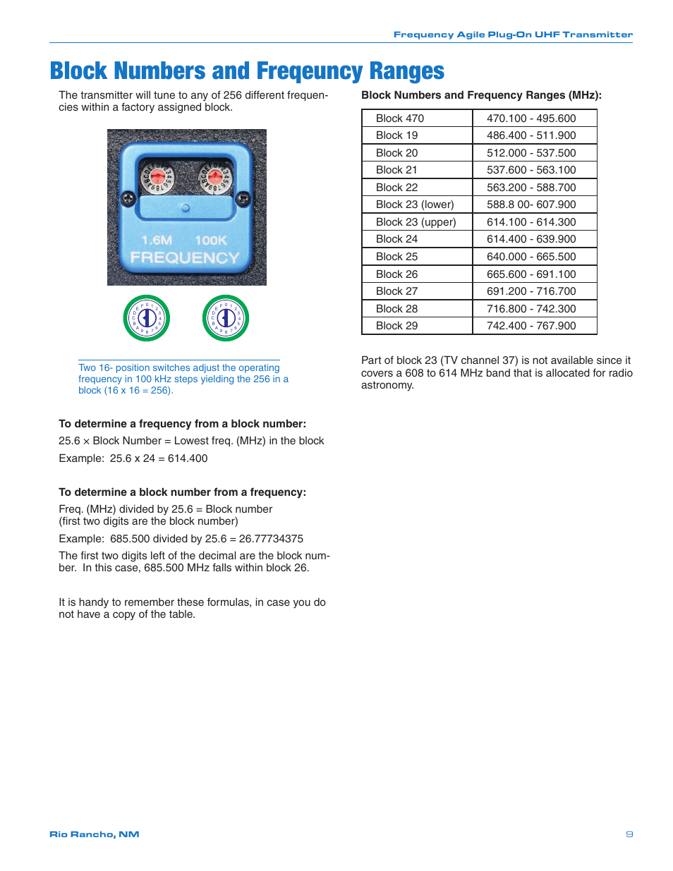 Block numbers and freqeuncy ranges, Astronomy | Lectrosonics UH400a User Manual | Page 9 / 16