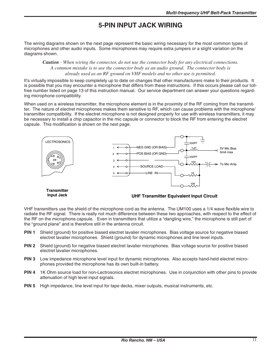 Pin input jack wiring | Lectrosonics UM100 User Manual | Page 11 / 16