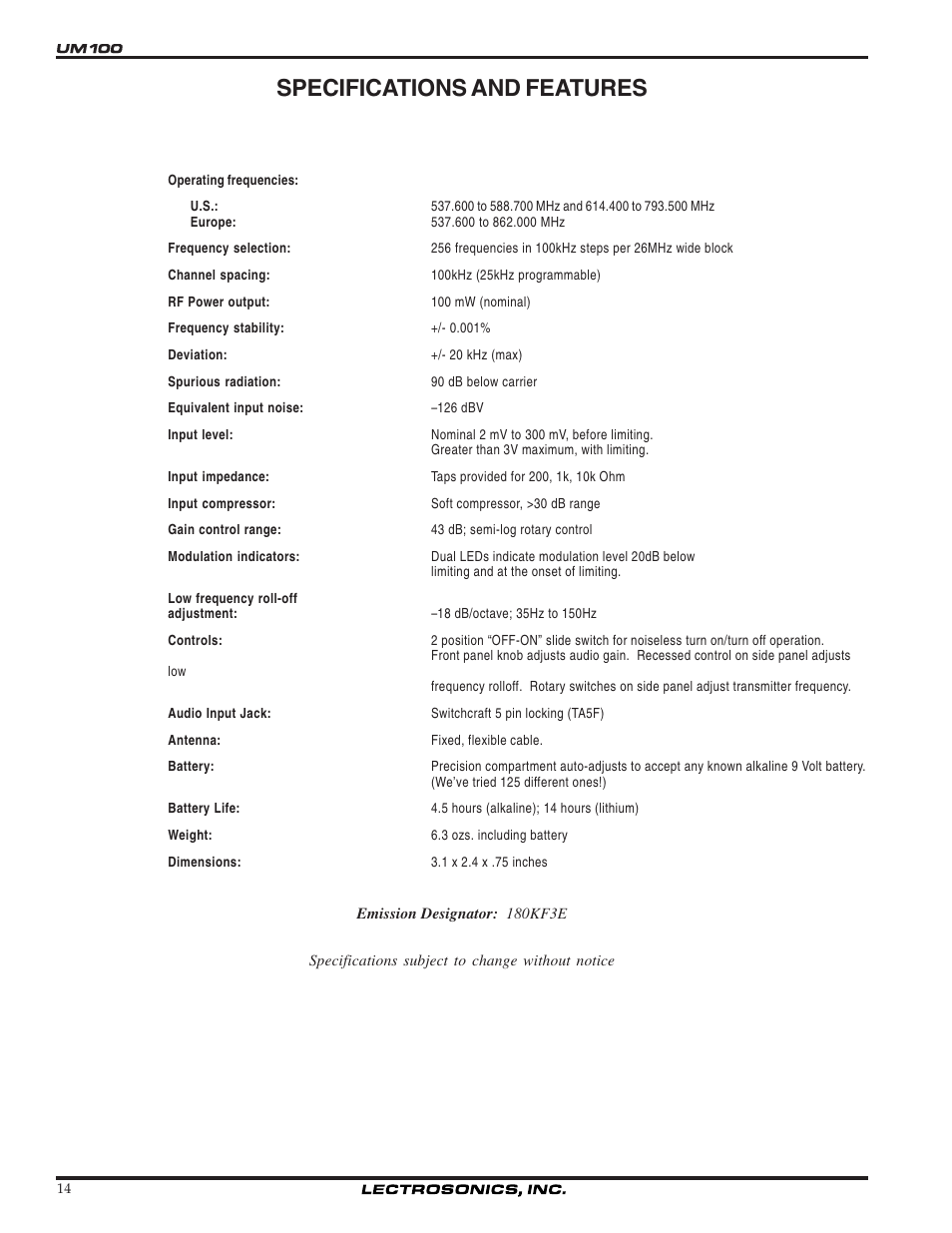 Specifications and features | Lectrosonics UM100 User Manual | Page 14 / 16