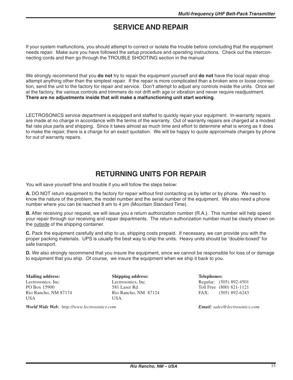 Service and repair, Returning units for repair | Lectrosonics UM100 User Manual | Page 15 / 16