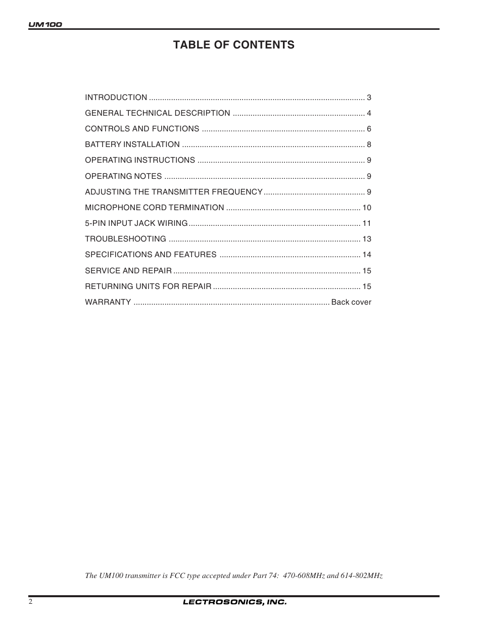 Lectrosonics UM100 User Manual | Page 2 / 16