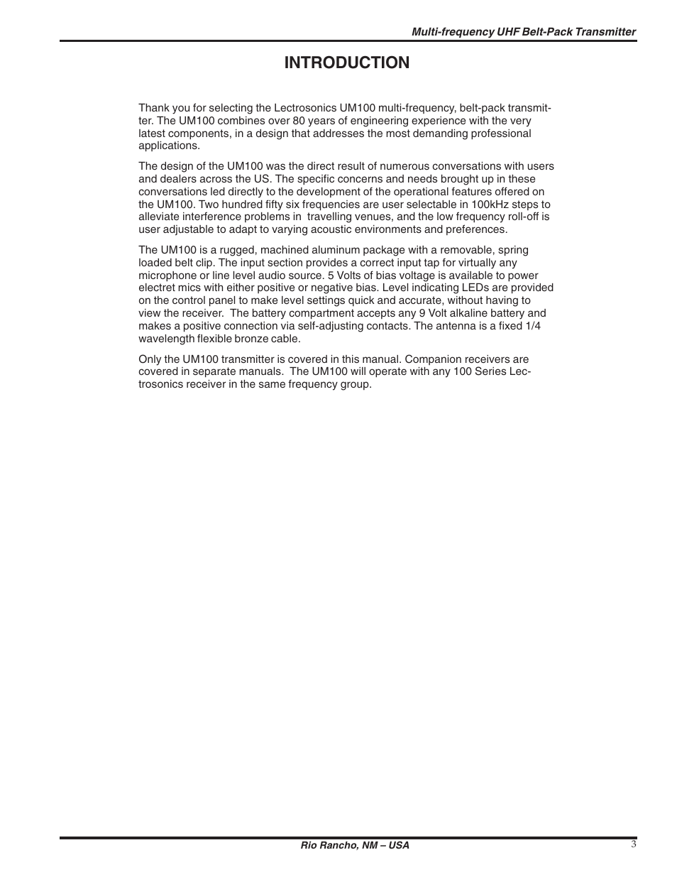 Introduction | Lectrosonics UM100 User Manual | Page 3 / 16