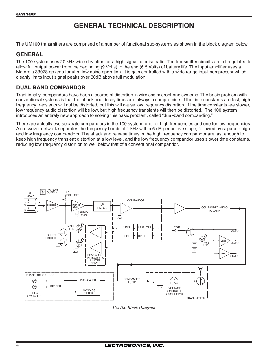 General technical description, General, Dual band compandor | Um100 block diagram | Lectrosonics UM100 User Manual | Page 4 / 16