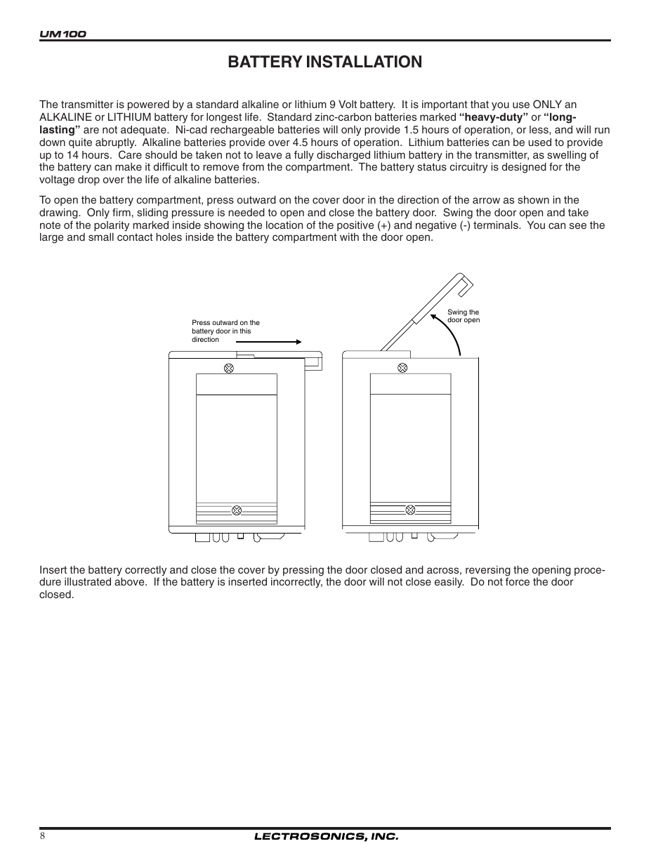 Battery installation | Lectrosonics UM100 User Manual | Page 8 / 16
