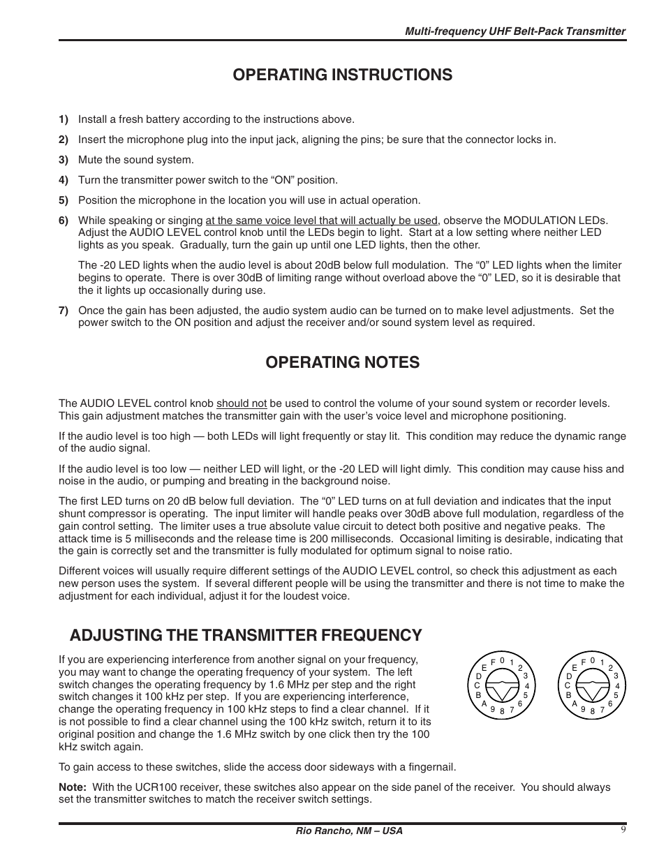 Operating instructions, Adjusting the transmitter frequency | Lectrosonics UM100 User Manual | Page 9 / 16