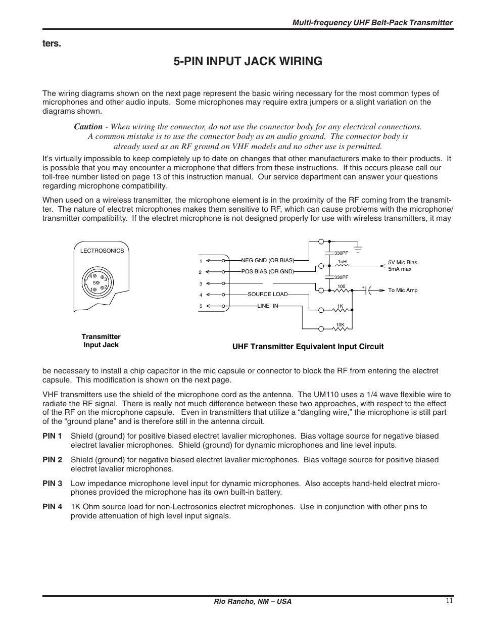 Pin input jack wiring, Ters | Lectrosonics UM110 User Manual | Page 11 / 16