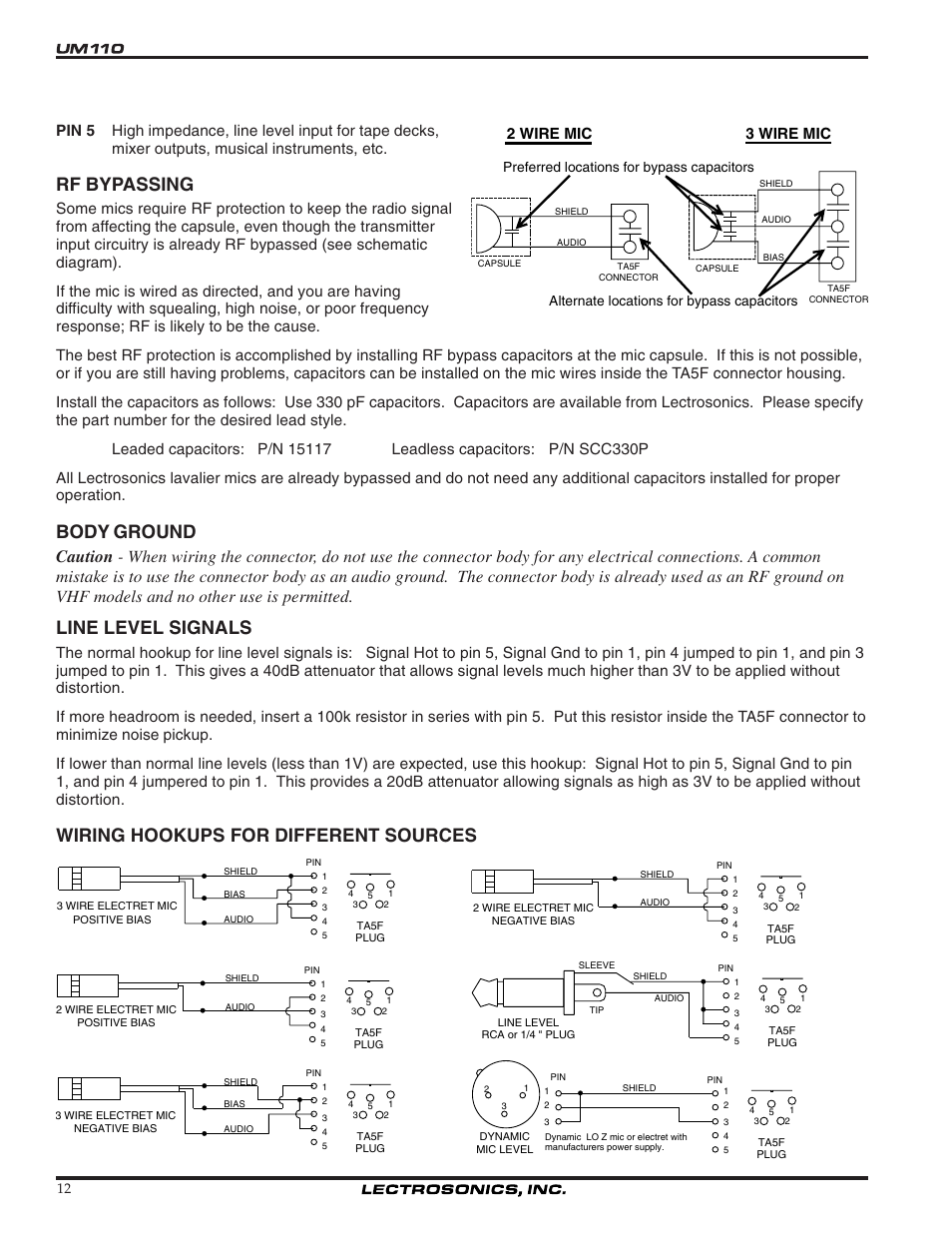 Rf bypassing, Body ground, Line level signals | Wiring hookups for different sources | Lectrosonics UM110 User Manual | Page 12 / 16