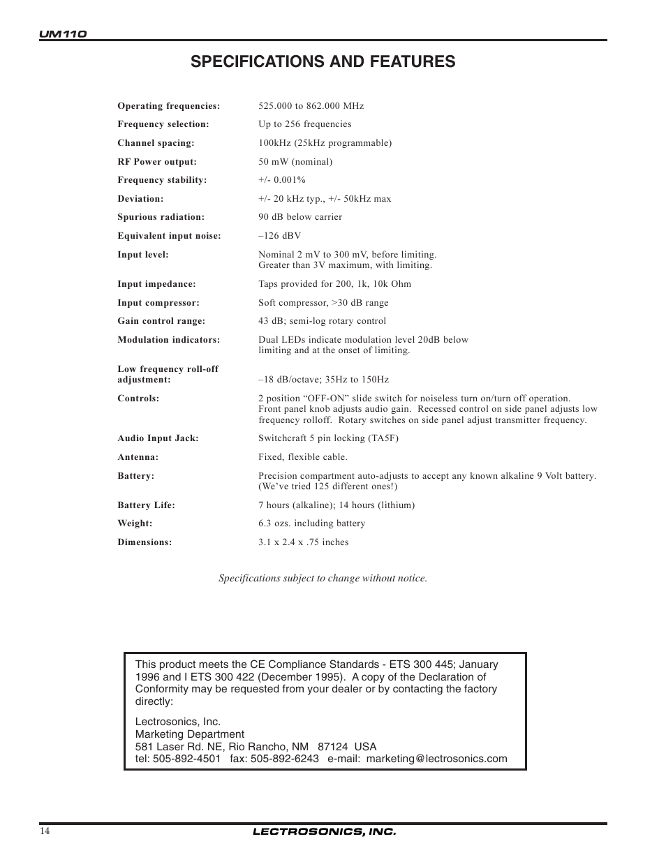 Specifications and features | Lectrosonics UM110 User Manual | Page 14 / 16