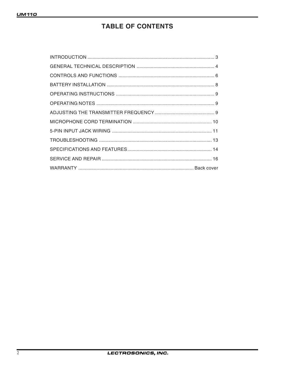 Lectrosonics UM110 User Manual | Page 2 / 16