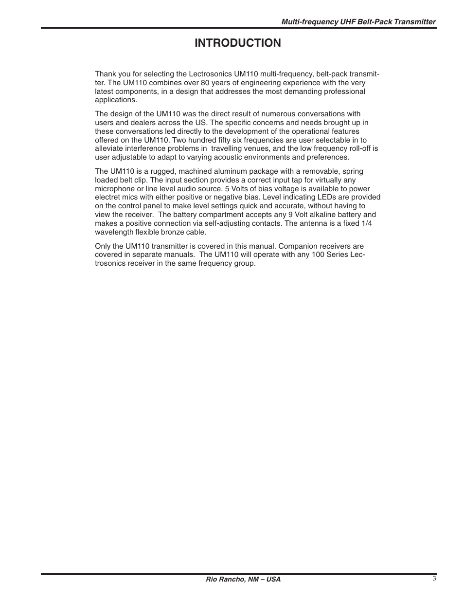 Introduction | Lectrosonics UM110 User Manual | Page 3 / 16