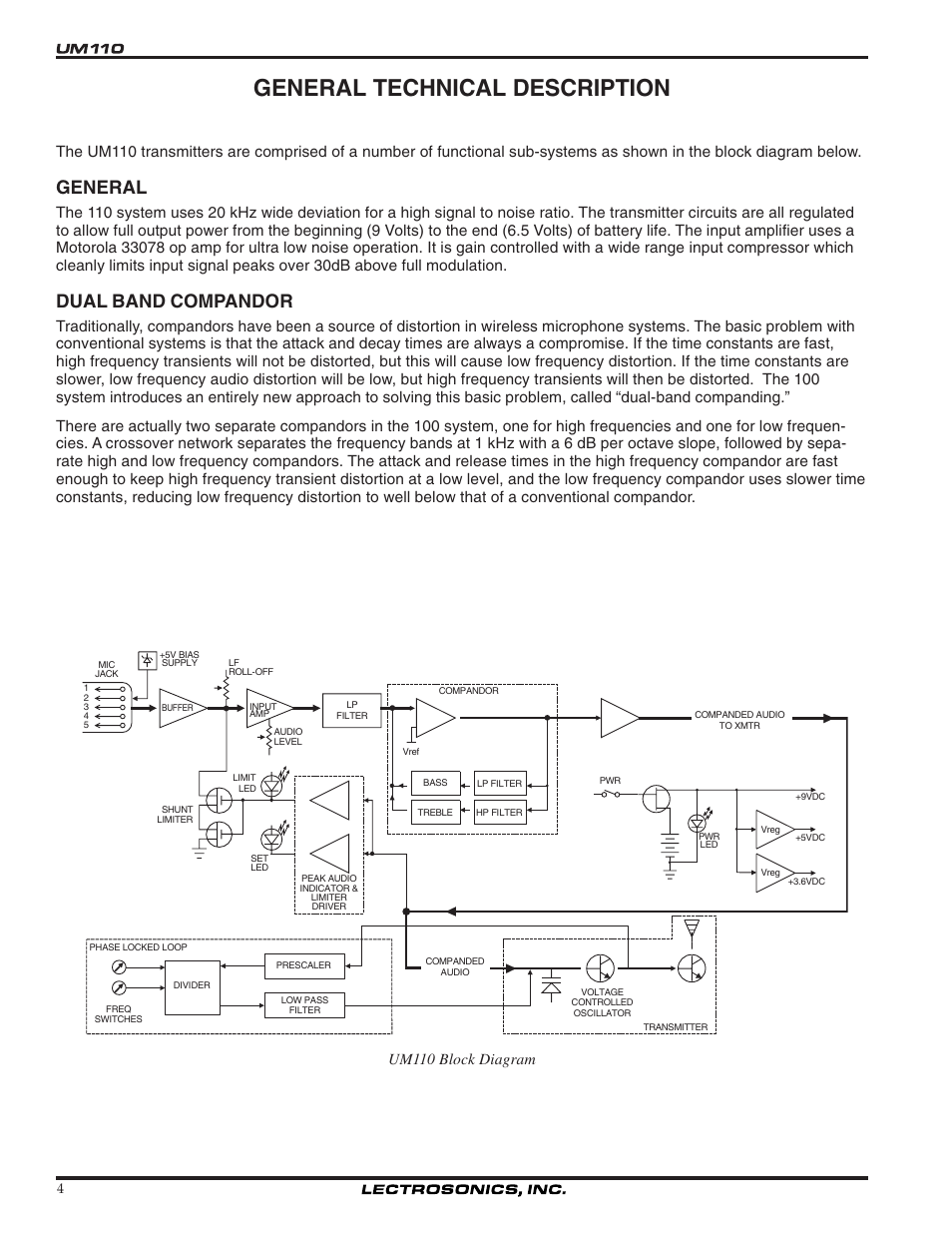 General technical description, General, Dual band compandor | Um110 block diagram | Lectrosonics UM110 User Manual | Page 4 / 16
